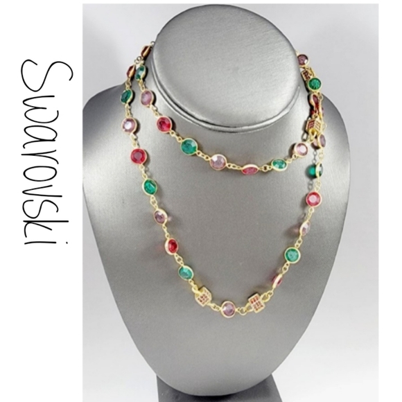 Vtg Swarovski Necklace Bezel set Crystals Purple Green Red + Cubes Red Crystals